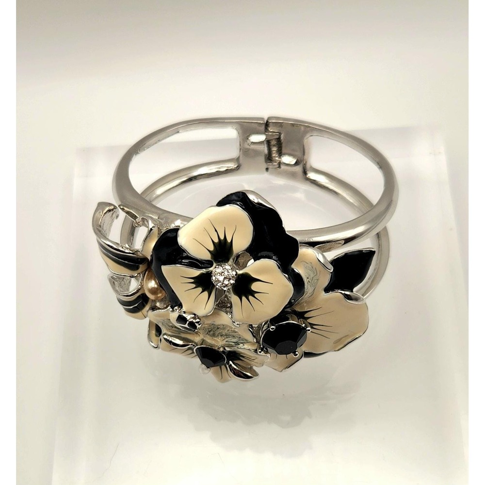 Kenneth Jay Lane KJL Enamel Pansy Floral Hinged Cuff Bracelet Magnetic Clasp